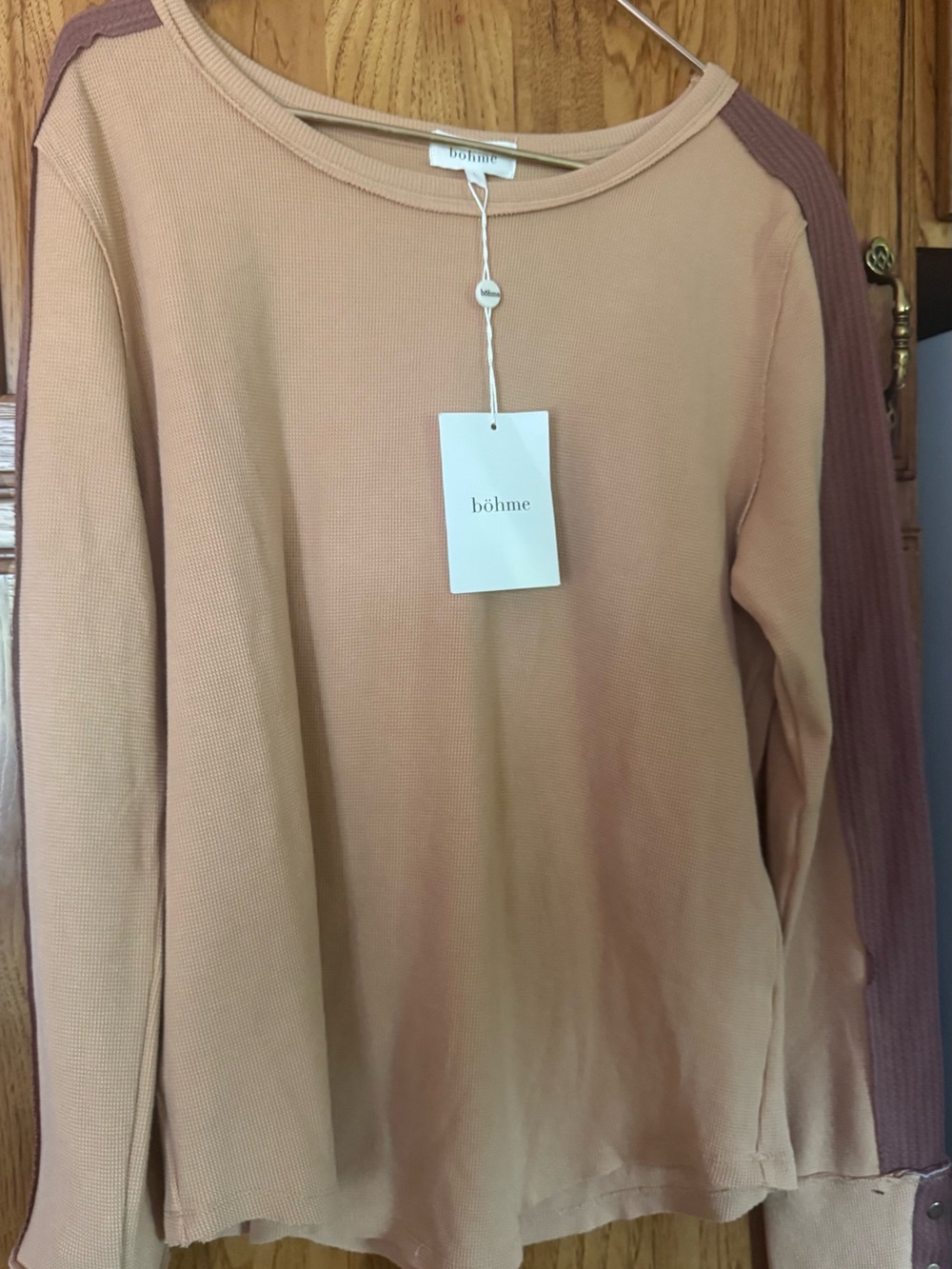 Boheme Blush Long-Sleeve Tee with Mauve Contrast Sleeves.  New with Tags.